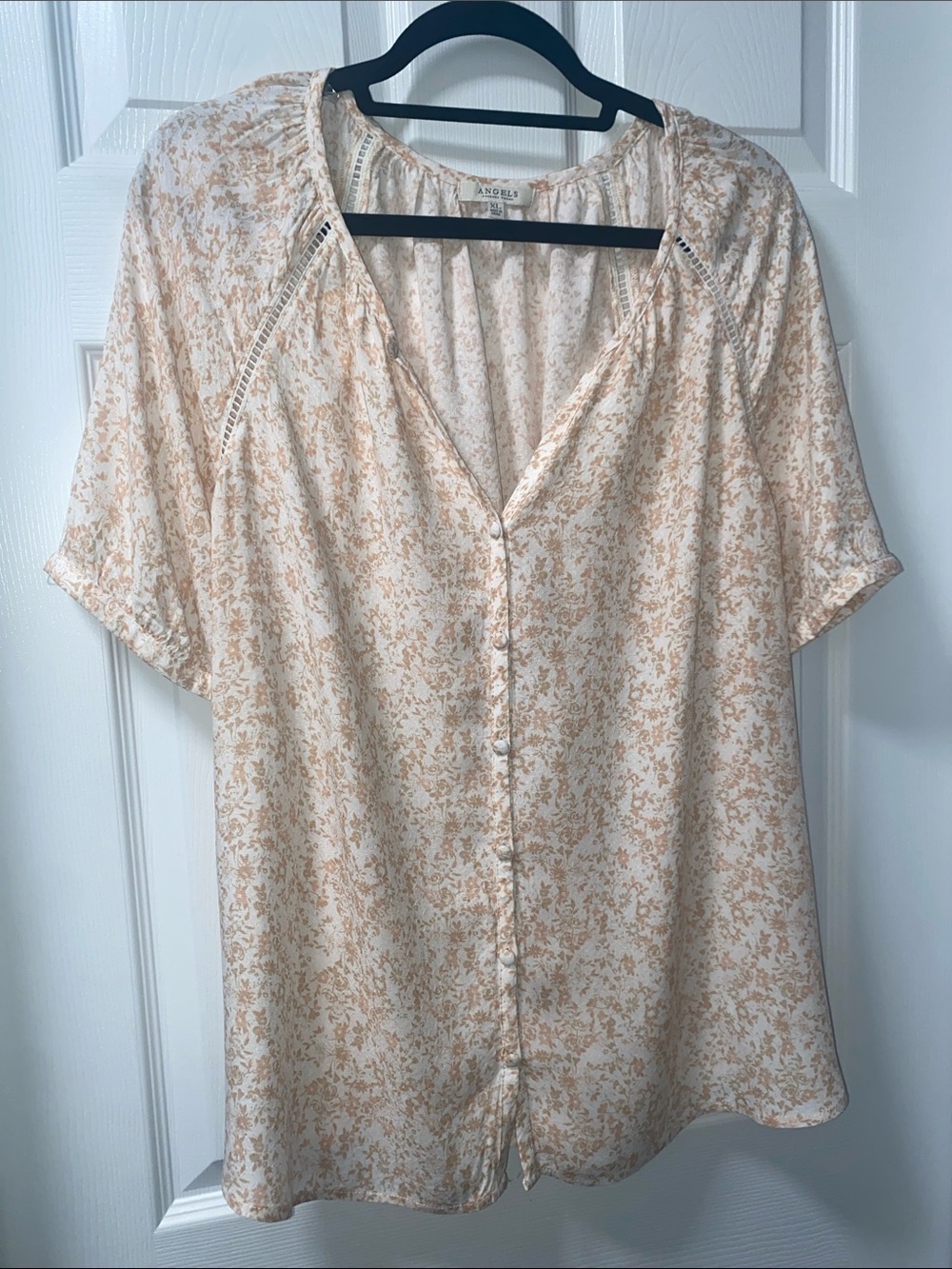 ANGELS-Forever Young Cream Pink & Tan Floral Button-Front Women's Top Sz Large